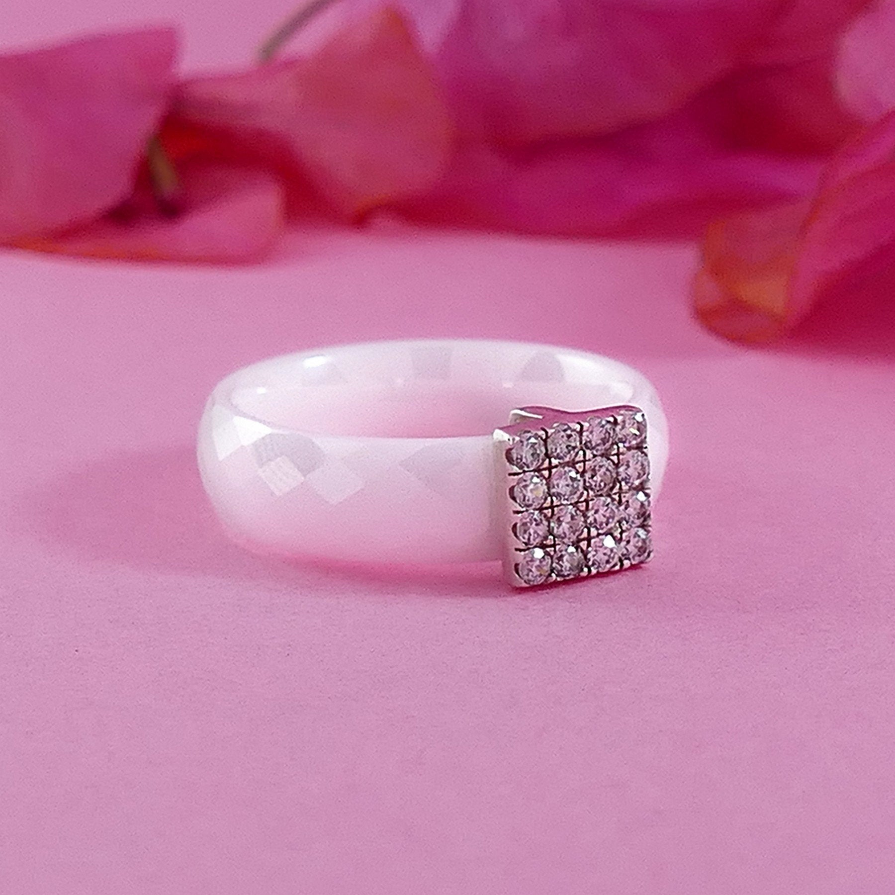 Unique White Ceramic 925 Sterling Silver Statement Ring Cubic Zirconia Stone