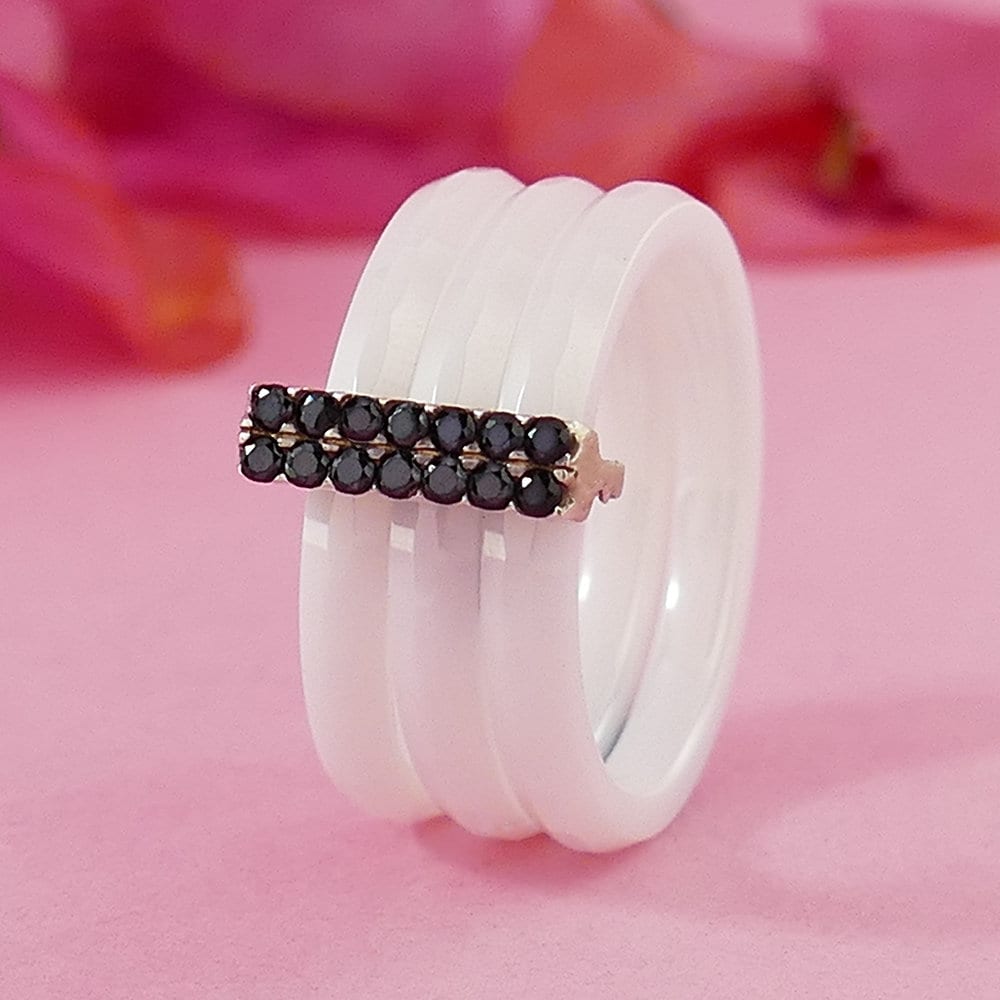 Black Spinel White Ceramic Stackable Ring 925 Sterling Silver, Bohemian ring