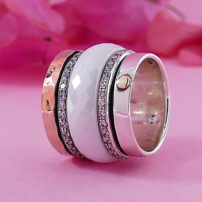 Unique Mix Metal Ring Spinner Ring For Woman Cubic Zirconia Stone Ceramic Two Tone Solid 9k Rose Gold &amp; 925 Sterling Silver Spinner Ring