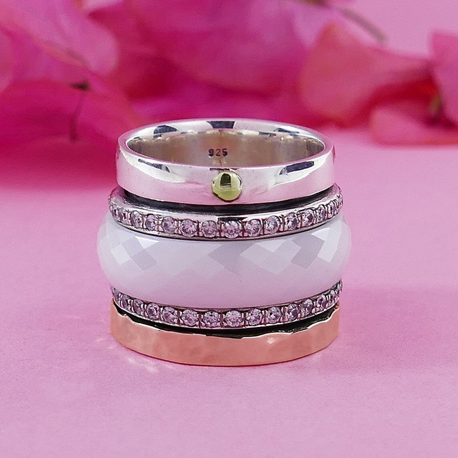 Unique Mix Metal Ring Spinner Ring For Woman Cubic Zirconia Stone Ceramic Two Tone Solid 9k Rose Gold &amp; 925 Sterling Silver Spinner Ring