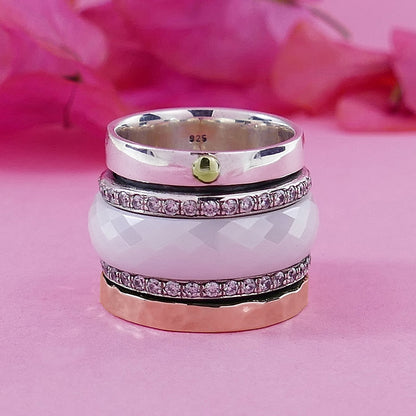 Unique Mix Metal Ring Spinner Ring For Woman Cubic Zirconia Stone Ceramic Two Tone Solid 9k Rose Gold &amp; 925 Sterling Silver Spinner Ring