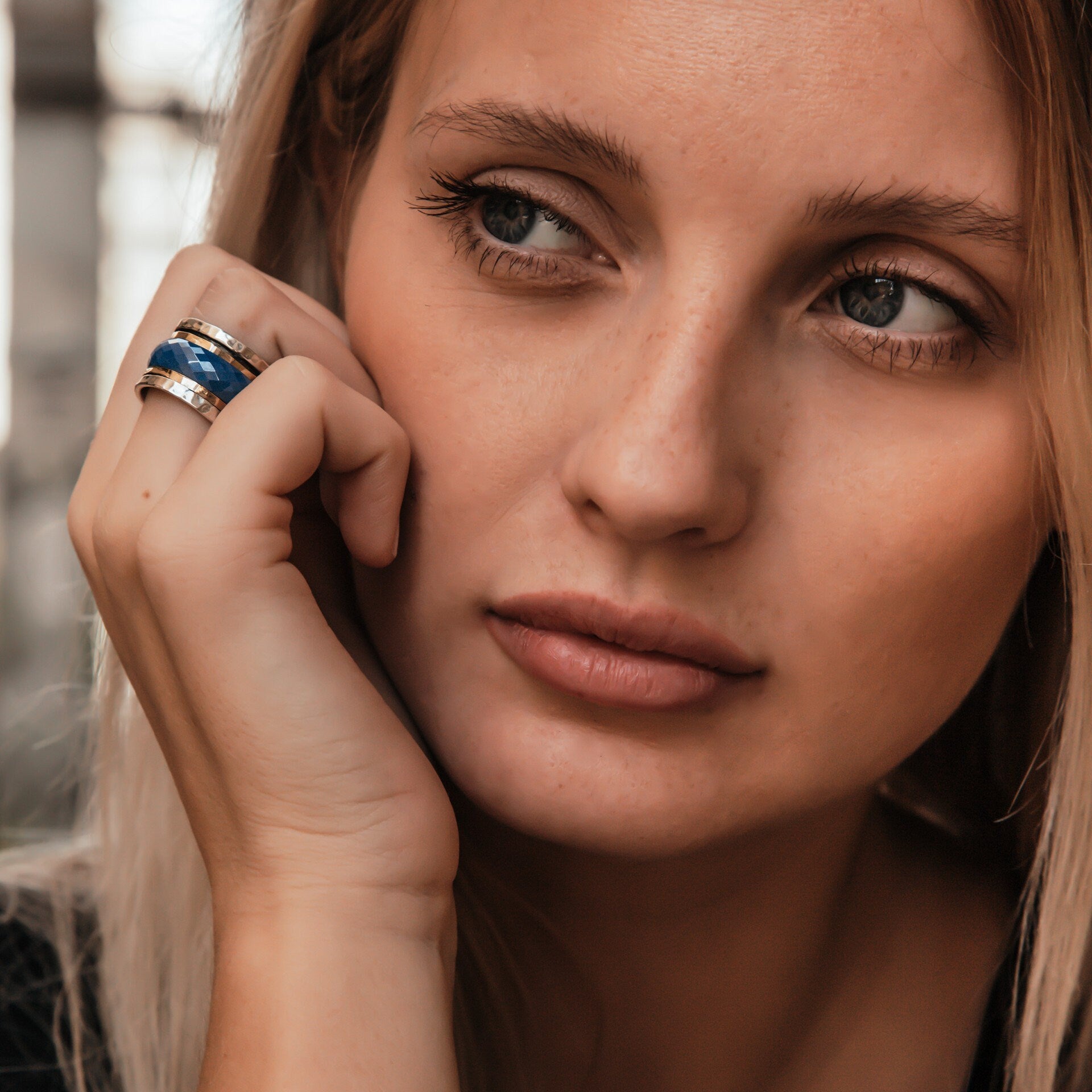 Unique Blue Ceramic Spinner Ring Two Tone Solid 9 karat Yellow Gold and 925 Sterling Silver Fidght Ring