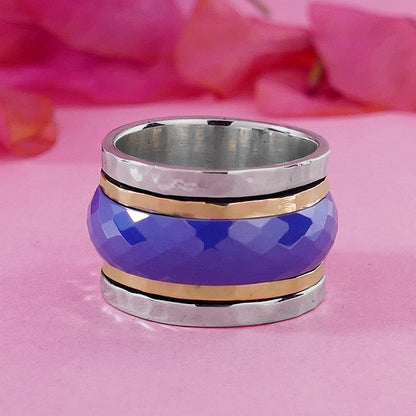 Unique Blue Ceramic Spinner Ring Two Tone Solid 9 karat Yellow Gold and 925 Sterling Silver Fidght Ring