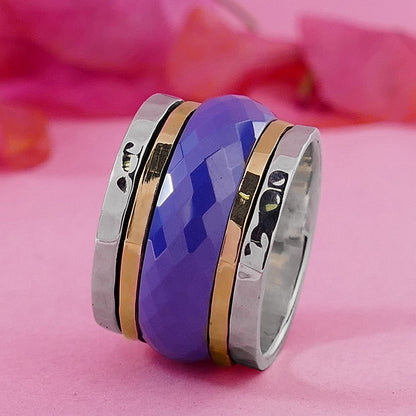 Unique Blue Ceramic Spinner Ring Two Tone Solid 9 karat Yellow Gold and 925 Sterling Silver Fidght Ring