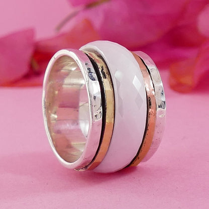 Handmade White Ceramic Spinner Ring 295 Sterling Silver Two Tone Solid 9k Yellow and Rose Gold