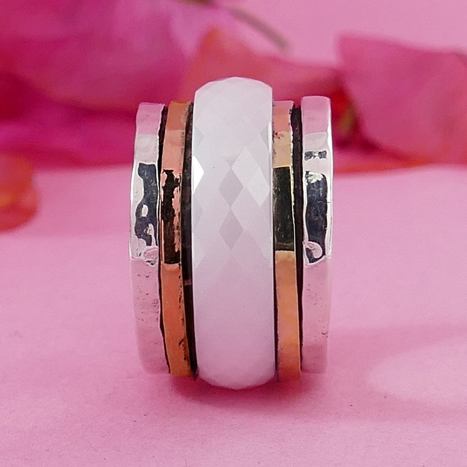 Handmade White Ceramic Spinner Ring 295 Sterling Silver Two Tone Solid 9k Yellow and Rose Gold