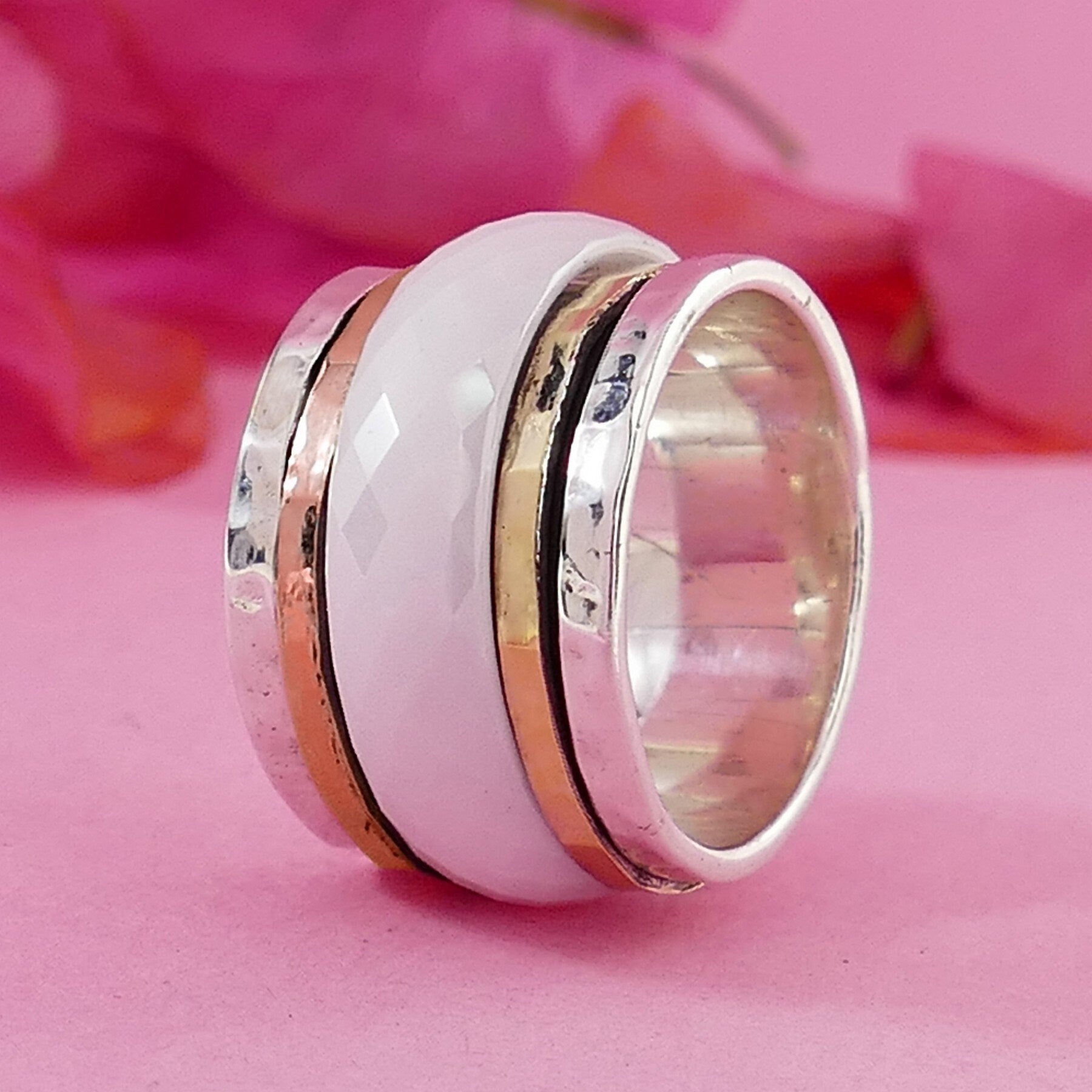 Handmade White Ceramic Spinner Ring 295 Sterling Silver Two Tone Solid 9k Yellow and Rose Gold