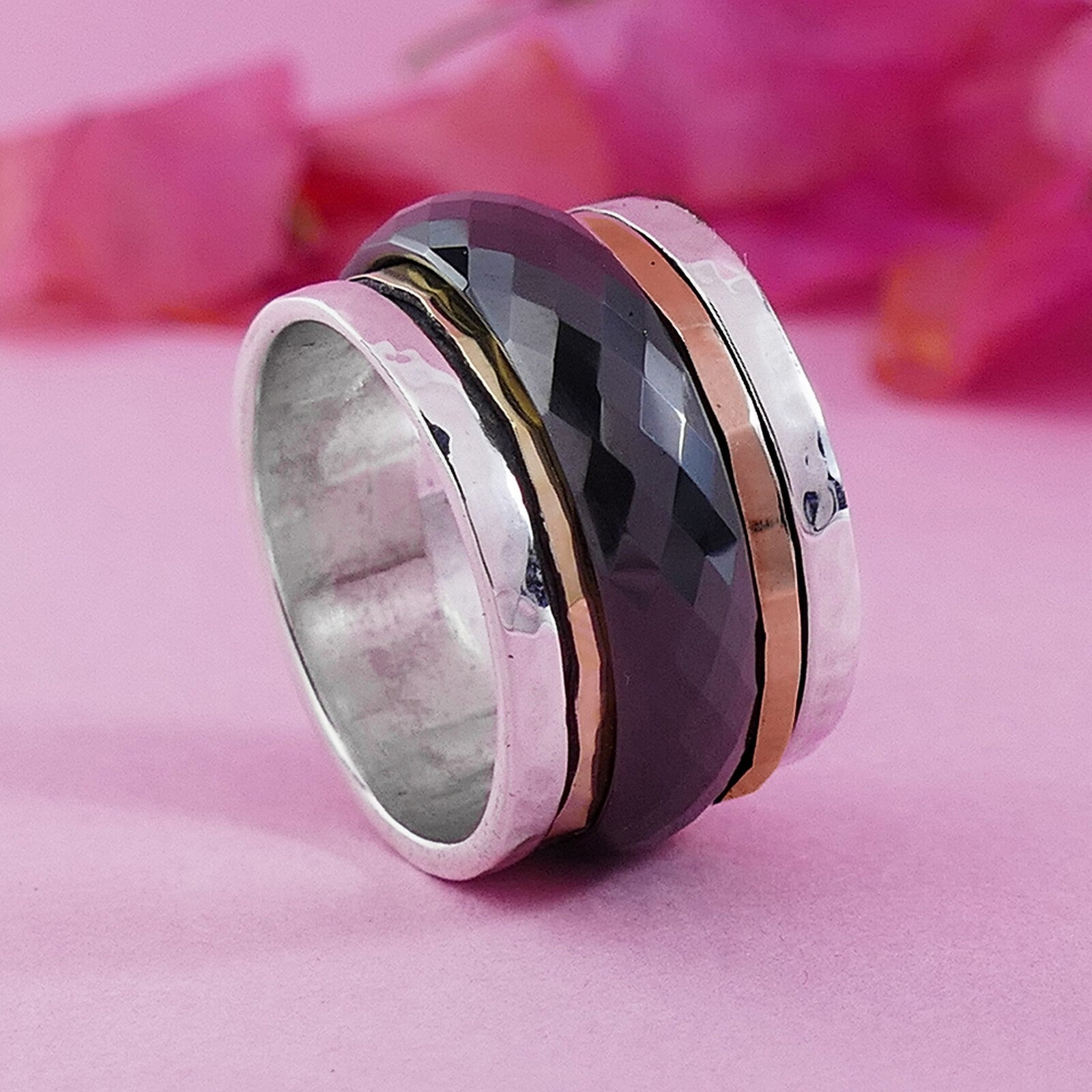 Black Ceramic Spinner Ring Two Tone Solid 9k Yellow &amp; Rose Gold 925 Sterling Silver