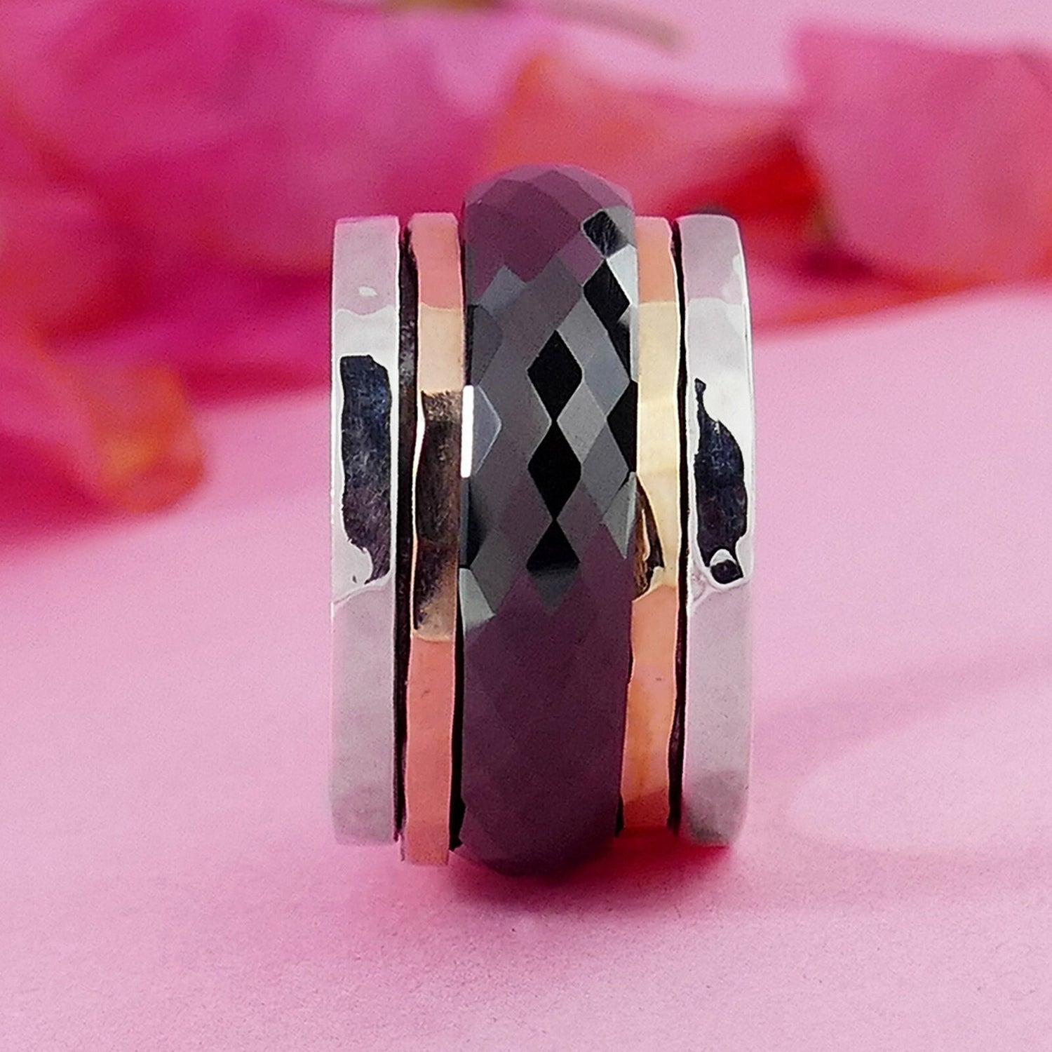 Black Ceramic Spinner Ring Two Tone Solid 9k Yellow &amp; Rose Gold 925 Sterling Silver