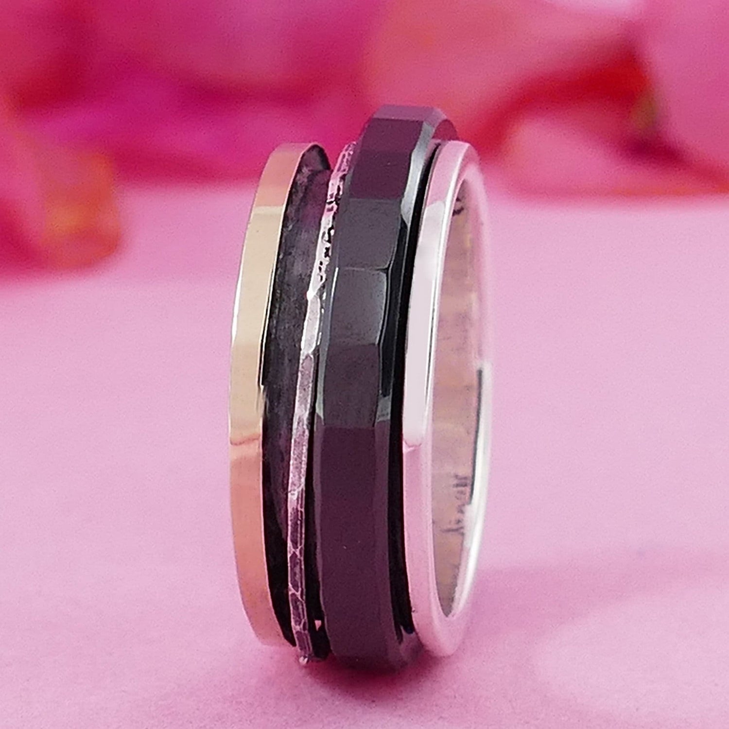 SPIRA Handcrafted Black Ceramic Two Tone Solid 9k Yellow Gold and 925 Sterling Silver Spinner Ring Set Setting, Gypsy ring, Bohemian ring