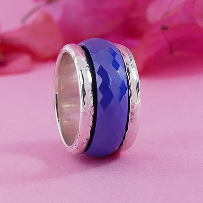 SPIRA Handcrafted Blue Ceramic 925 Sterling Silver Spinner Ring Hammered Silver Ring, Gypsy ring, Bohemian ring, Hippie ring, Boho ring