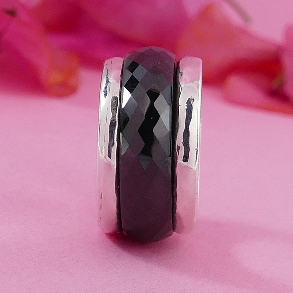 SPIRA Unique Handcrafted Black Ceramic 925 Sterling Silver Unisex Spinner Ring Set Setting,Oxidized Silver Fidget ring,worry ring,Large ring