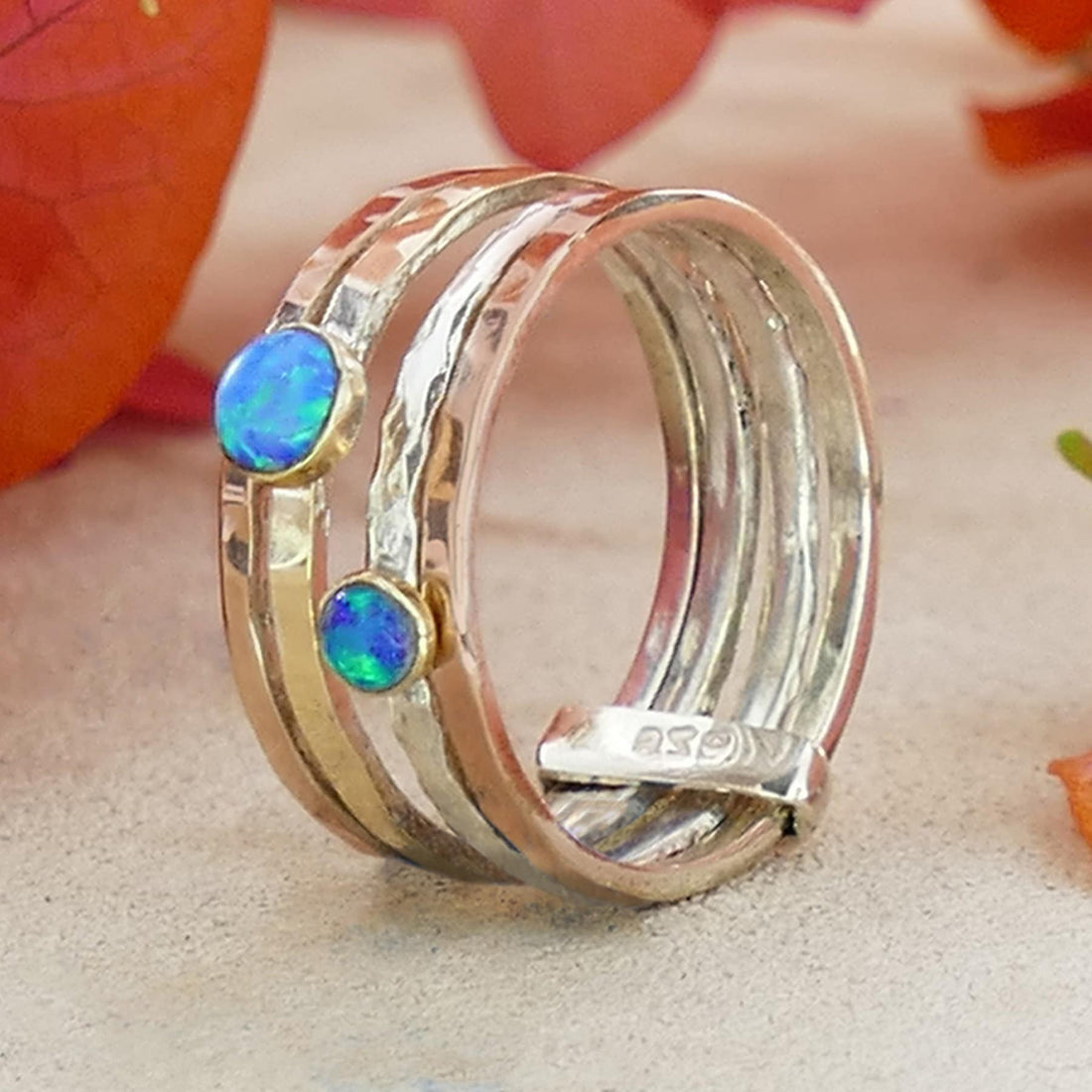 Unique Blue Opal Stones Statment Ring Two Tone Solid 9 karat Yellow and Rose Gold 925 Sterling Silver