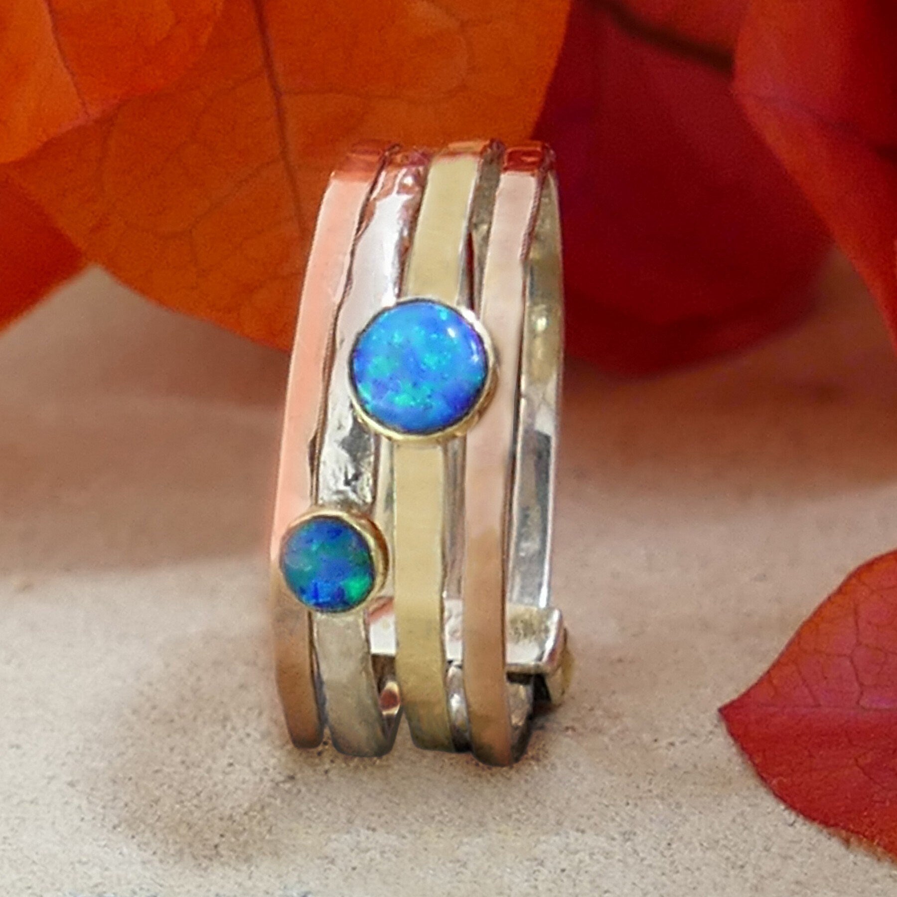 Unique Blue Opal Stones Statment Ring Two Tone Solid 9 karat Yellow and Rose Gold 925 Sterling Silver