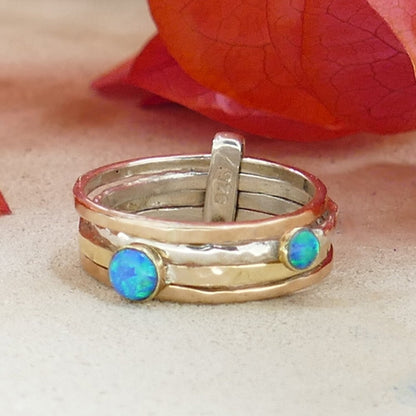 Unique Blue Opal Stones Statment Ring Two Tone Solid 9 karat Yellow and Rose Gold 925 Sterling Silver