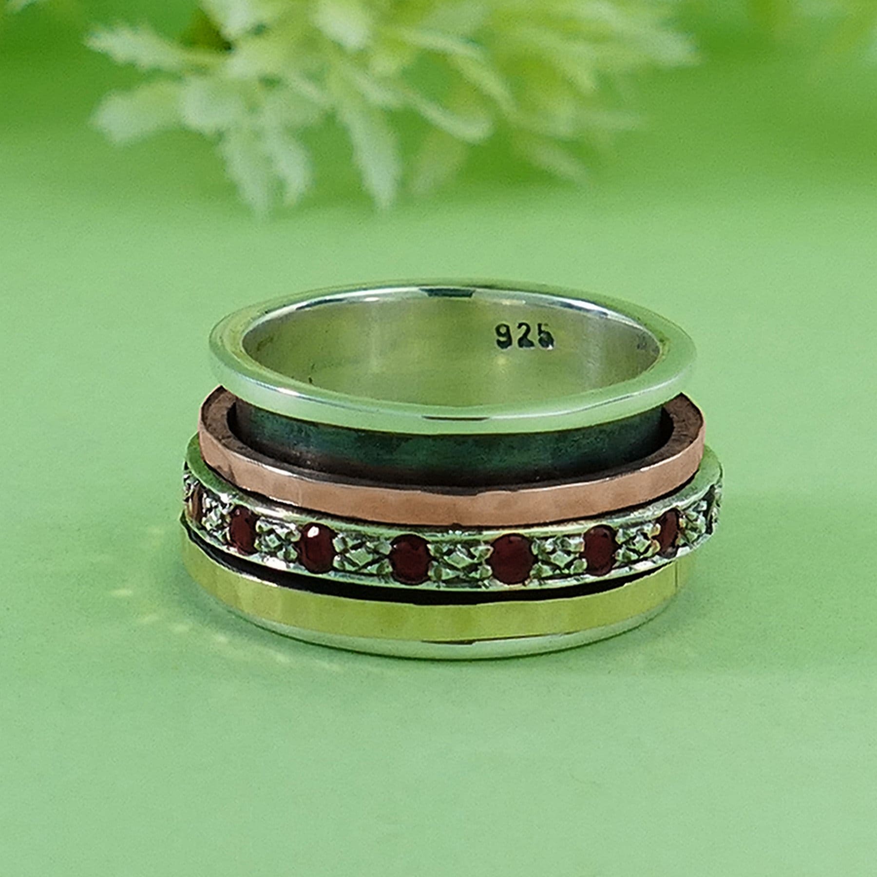 1.6 Carat Natural Red Garnet Gemstone Two Tone Solid 9k Yellow &amp; Rose Gold 925 Sterling Silver Spinner Ring Set Setting