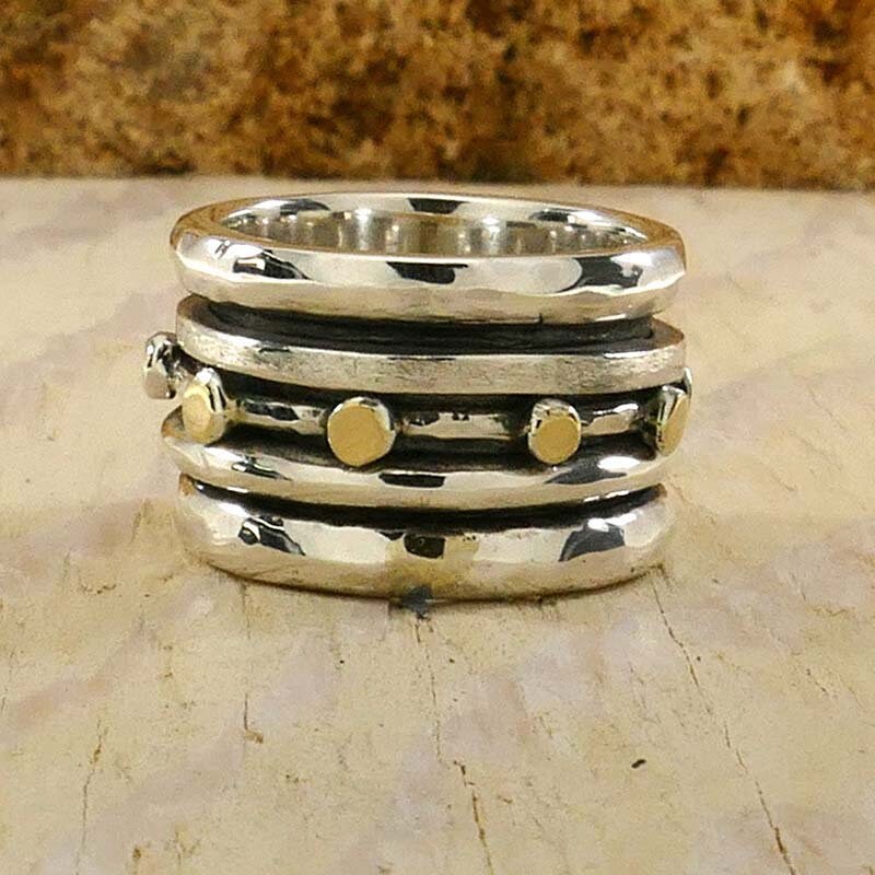 SPIRA Handcrafted Contemporary Design Two Tone Solid 9k Yellow Gold &amp; 925 Sterling Silver Spinner Ring,Unique unisex ring,mixed metal ring