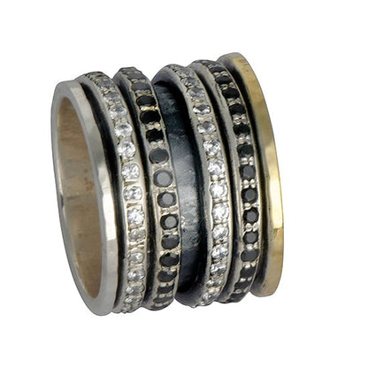 Mixed Metal Spinner Ring Cubic Zirconia And Black Spinel Gemstone Two Tone Solid 9k Yellow Gold &amp; 925 Sterling Silver