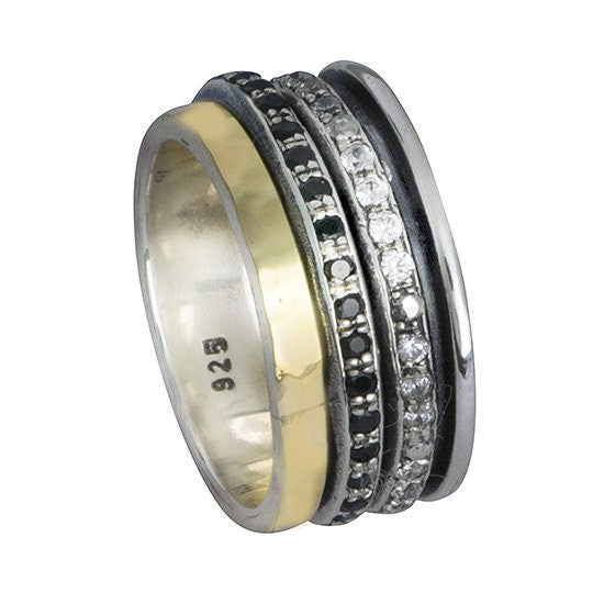 2.4 Carat Natural Black Spinel And White Cubic Zirconia Stones Two Tone Solid 9k Yellow Gold &amp; 925 Sterling Silver Spinner Ring Set Setting