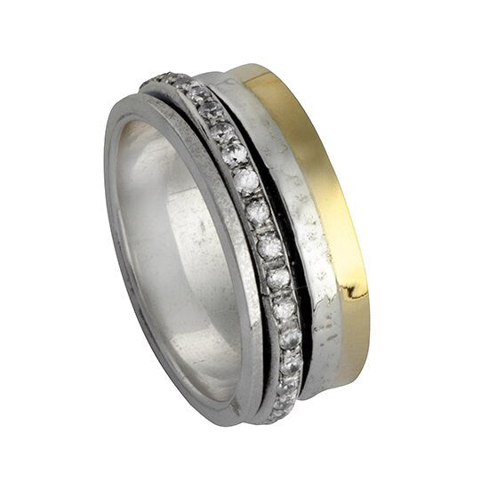 Spinner Ring Two Tone Solid 9k Yellow Gold &amp; 925 Sterling Silver Metal Purity: 9k Main Stone: Cubic Zirconia Total Carat Weight (TCW): 3.2 Thickness mm: 2.5 Hight Above The Finger mm: 2.5 Width mm: 9 Weight gr.: 8.1