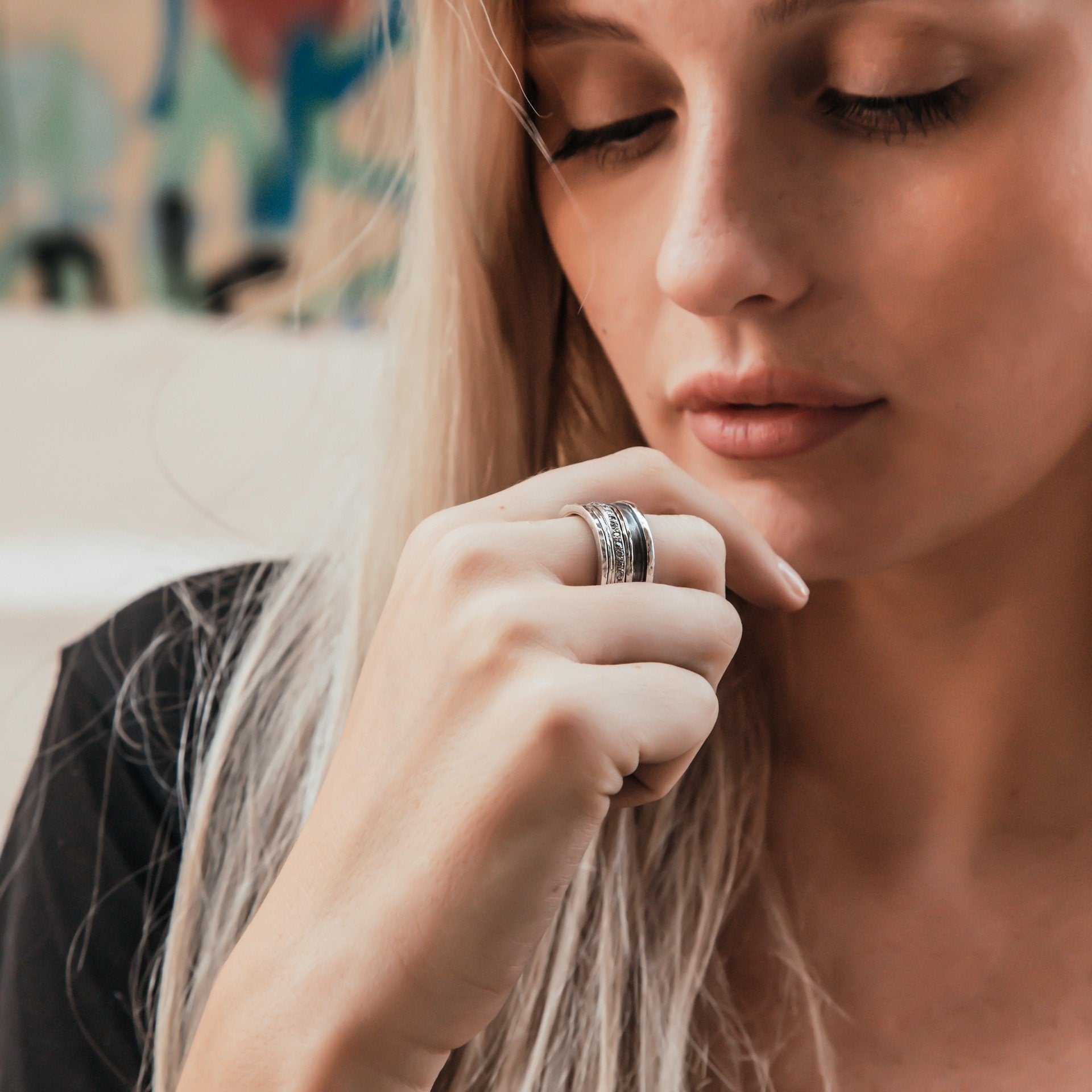 Hammered Silver Ring 3.2 Carat White Cubic Zirconia Stone 925 Sterling Silver Spinner Ring For Woman, Made in Israel, Worry Ring,Fidgth Ring