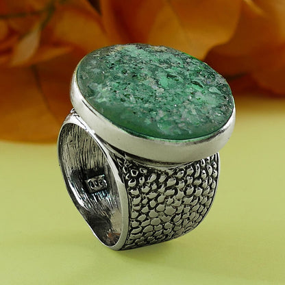 Large Green Ancient Roman Glass 925 Sterling Silver Statement Ring