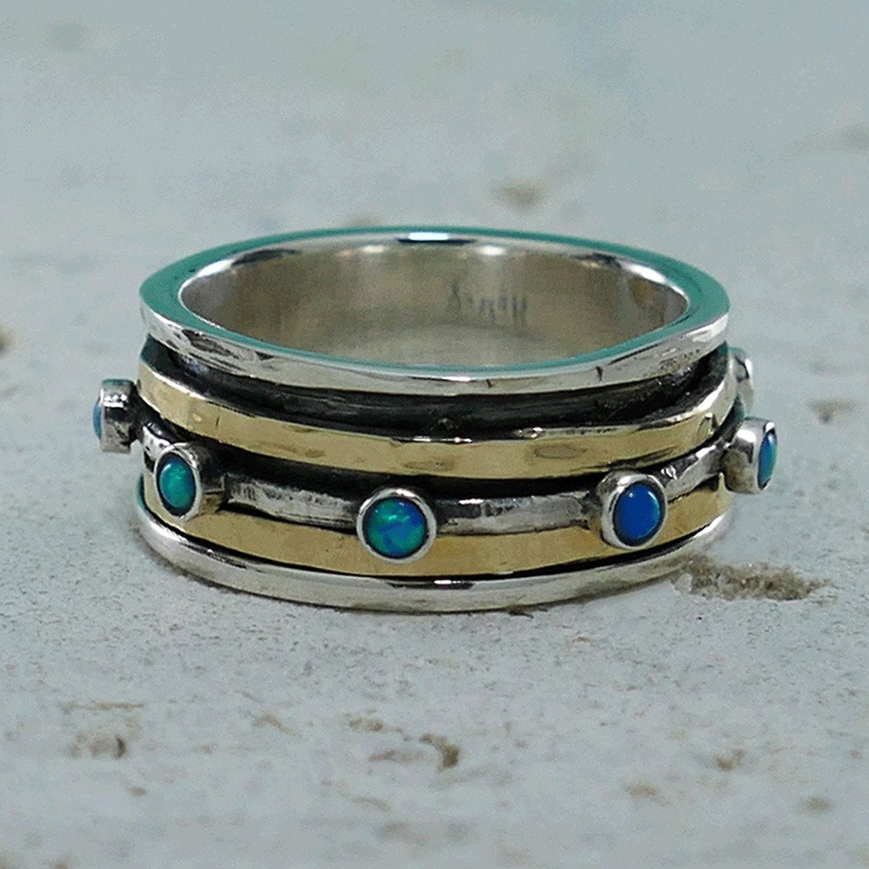 Colorful Spin: Opal Gemstone Two-Tone Spinner Ring