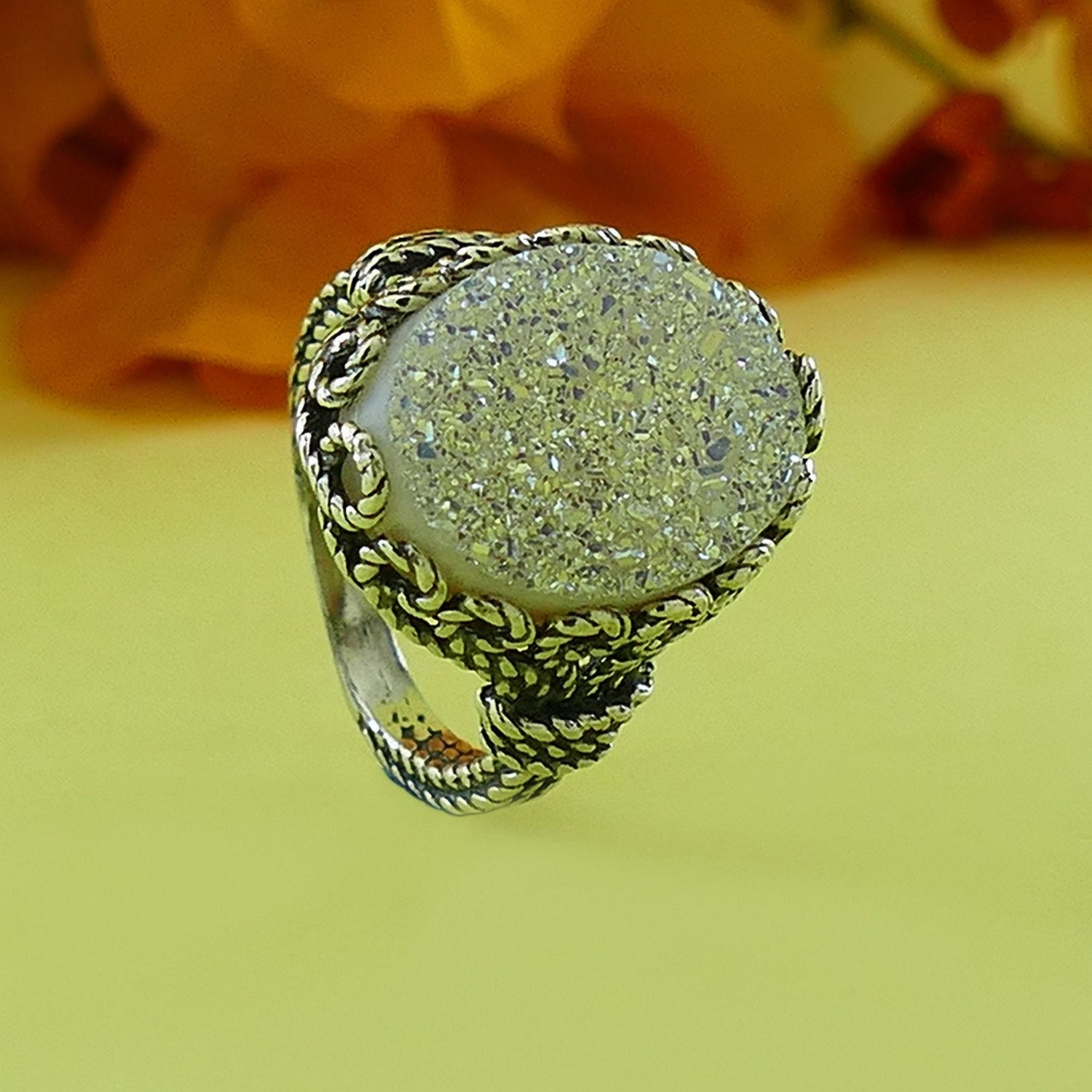 Druzy oxidied Silver Ring 925 Sterling Silver White Agate Druzy gemstone, Bohemian ring