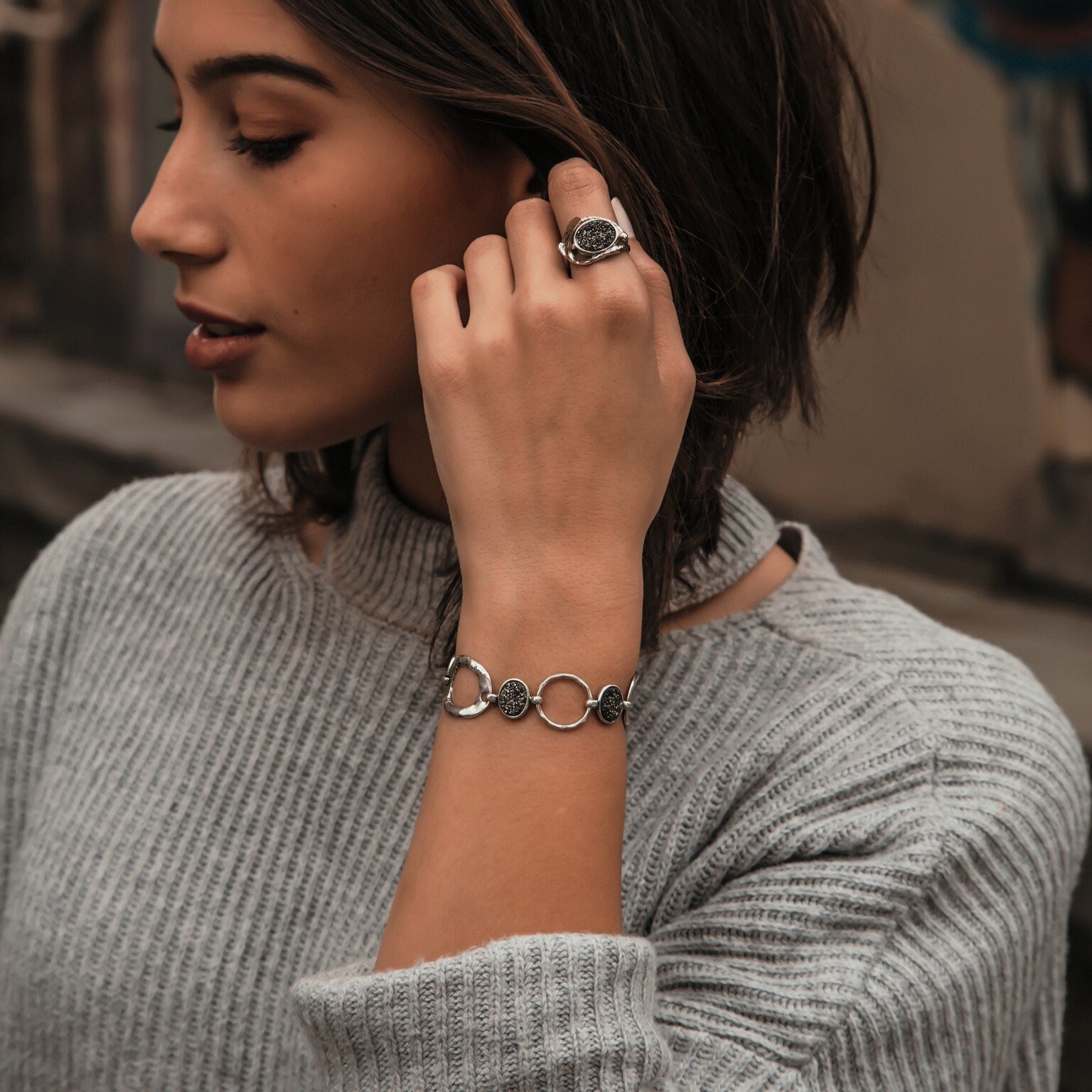 Unique Gray Druzy Quartz Two Tone Ring 925 Silver and Solid 9 karat Yellow Gold