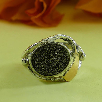 Unique Gray Druzy Quartz Two Tone Ring 925 Silver and Solid 9 karat Yellow Gold