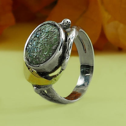 SPIRA Handcrafted Green Roman Glass Two Tone Solid 9k Yellow Gold &amp; 925 Sterling Silver Statement Ring Front Width mm: 14 Back Width mm: 5 Metal Purity: 9k Thickness mm: 1 Hight Above The Finger mm: 6 Main Stone: Roman Glass Weight gr.: 6.1