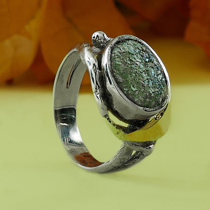 SPIRA Unique Handcrafted Green Roman Glass Two Tone Solid 9k Yellow Gold and 925 Sterling Silver Statement Ring Setting Mixed metal ring