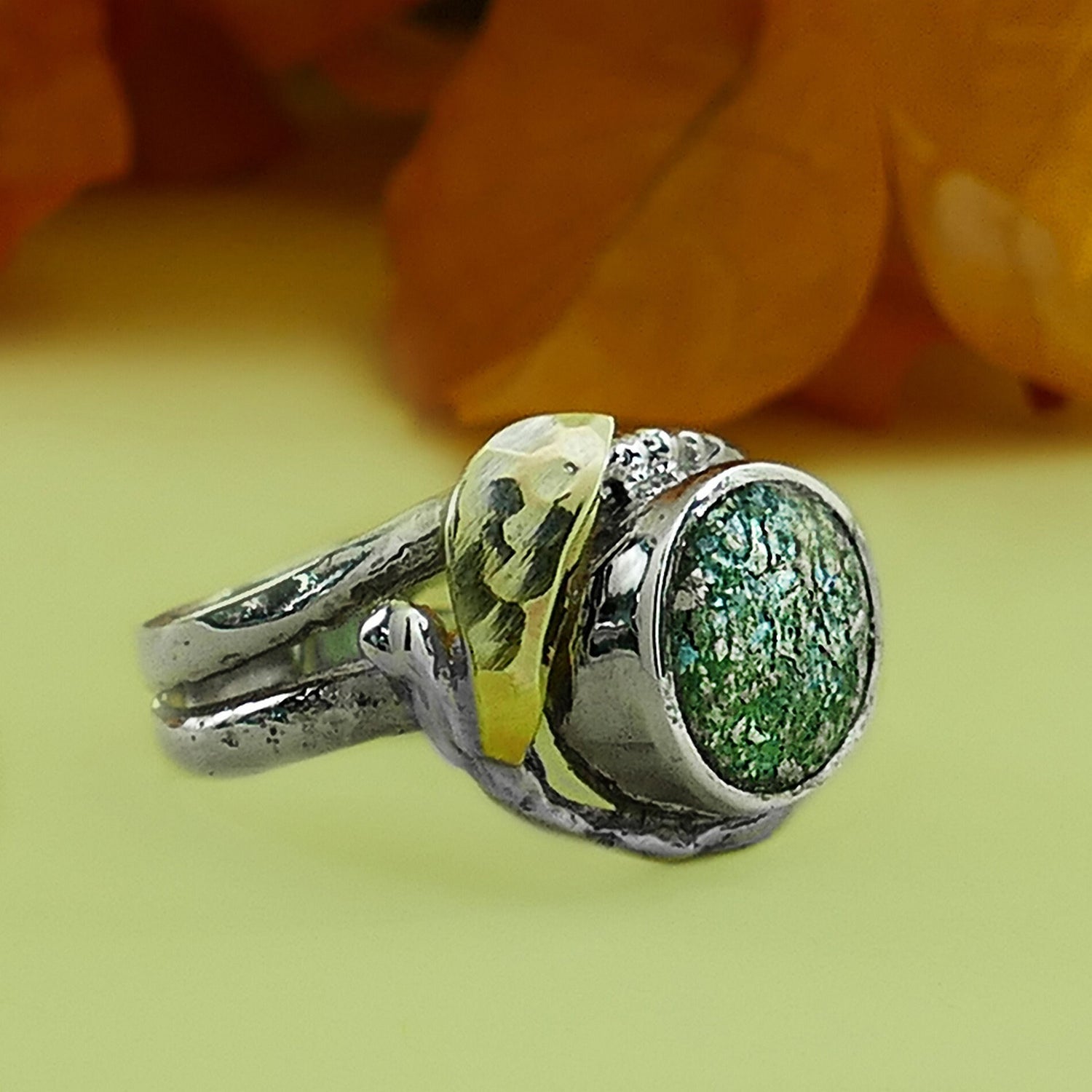 SPIRA Unique Handcrafted Green Roman Glass Two Tone Solid 9k Yellow Gold and 925 Sterling Silver Statement Ring Setting Mixed metal ring