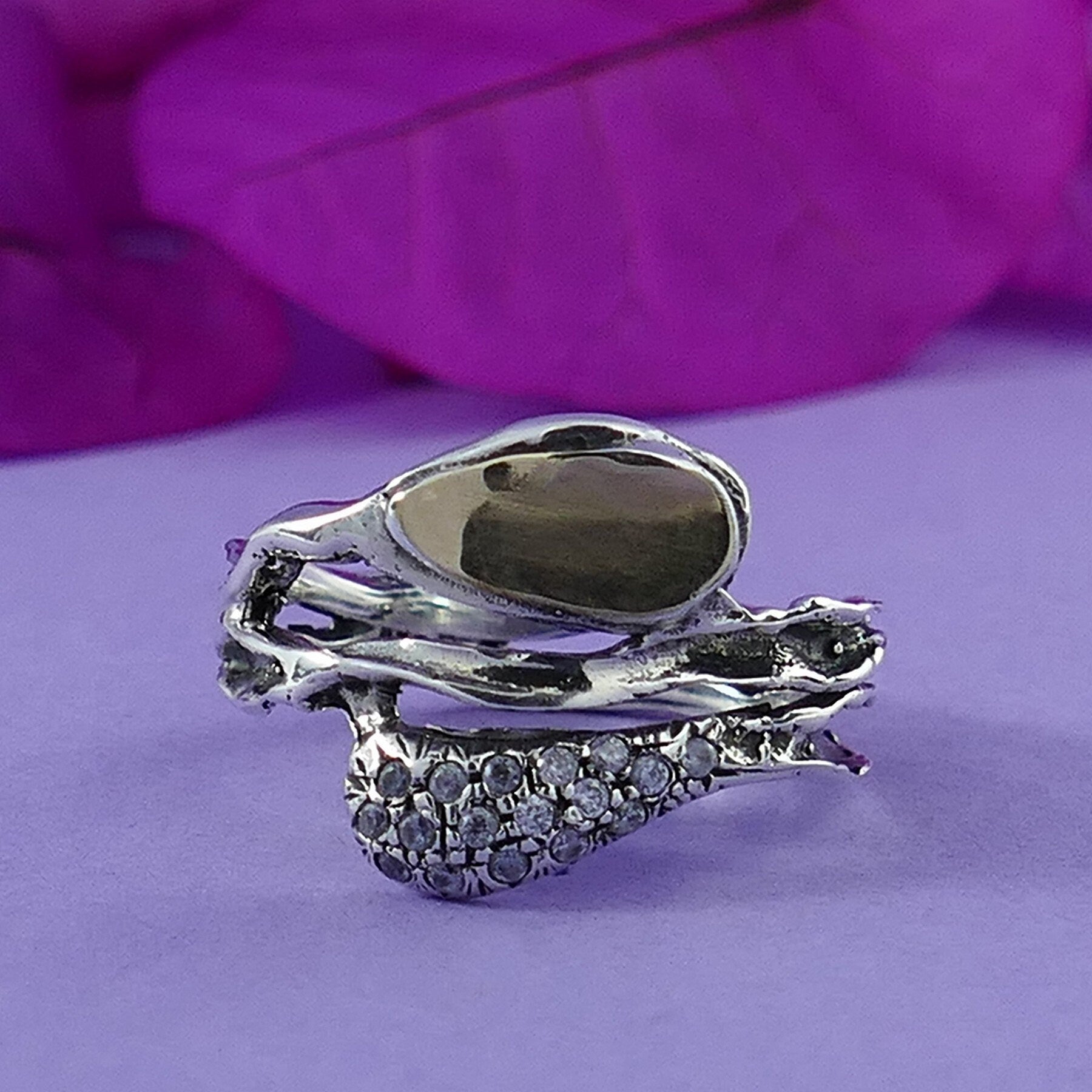 Unique Mixed metal Statement Ring Two Tone Solid 9k Yellow Gold and 925 Sterling Silver Cubic Zirconia Stone Set Setting,Ring Made in Israel