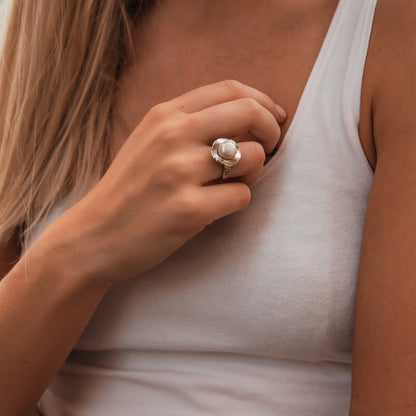 Unique White Pearl Statment Ring 925 Sterling Silver