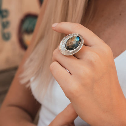 Handmade Large Adjustble Statement Ring Natural Green Labradorite Gemstone 925 Sterling Silver