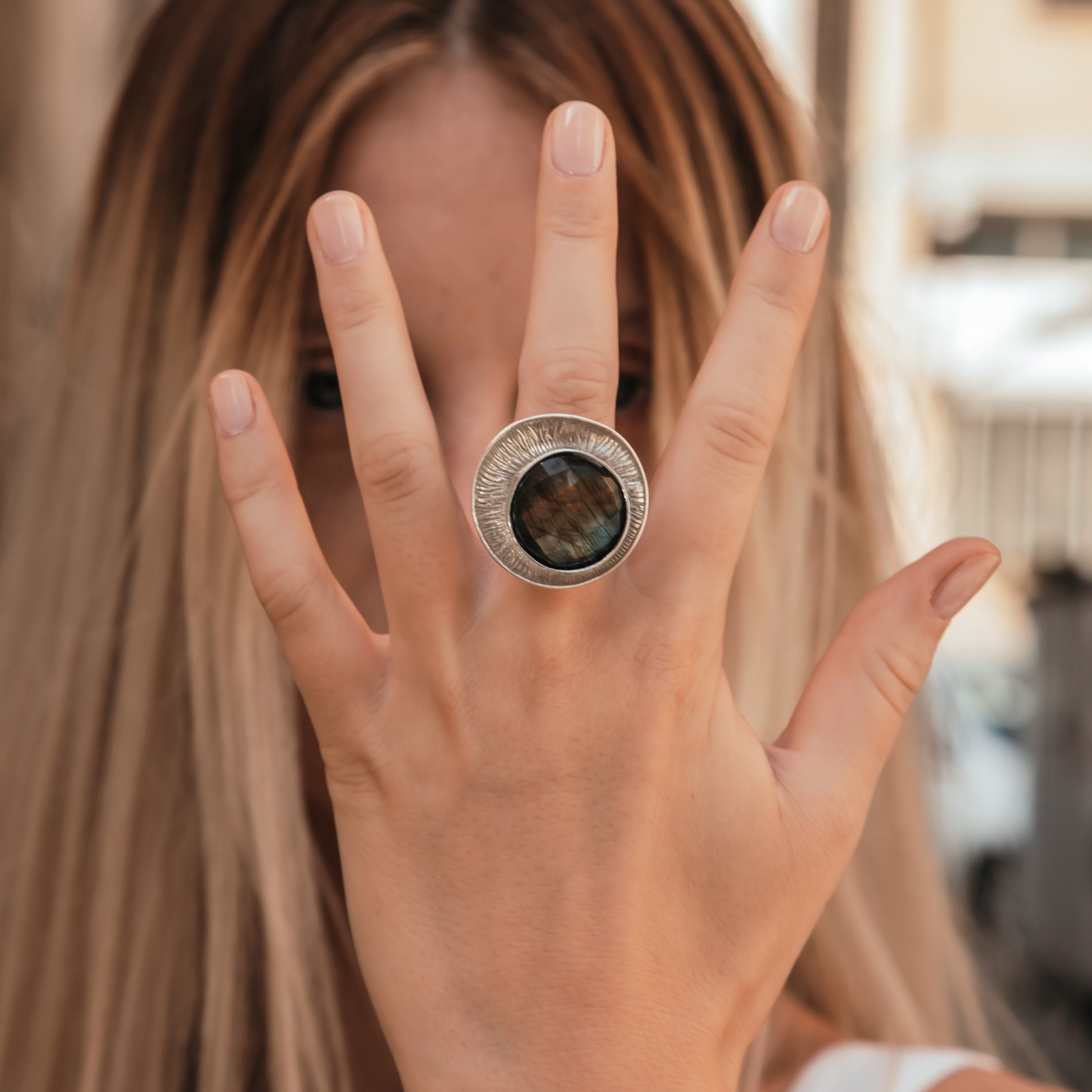 Handmade Large Adjustble Statement Ring Natural Green Labradorite Gemstone 925 Sterling Silver