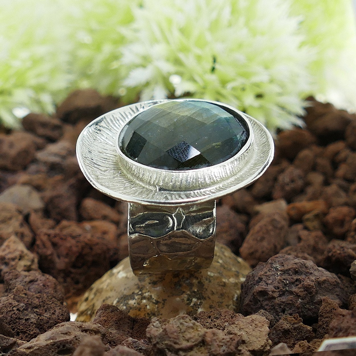 Handmade Large Adjustble Statement Ring Natural Green Labradorite Gemstone 925 Sterling Silver