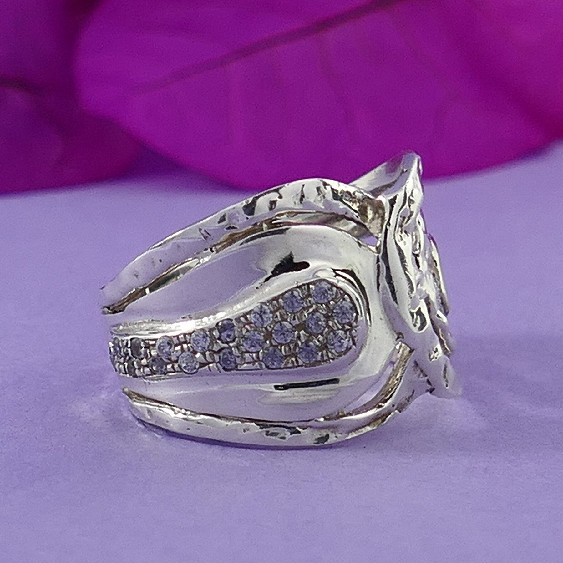 Mixed metal Statement Ring Two Tone Solid 9k Yellow Gold and 925 Sterling Silver White Cubic Zirconia Stone Set Setting, Unique Silver Ring