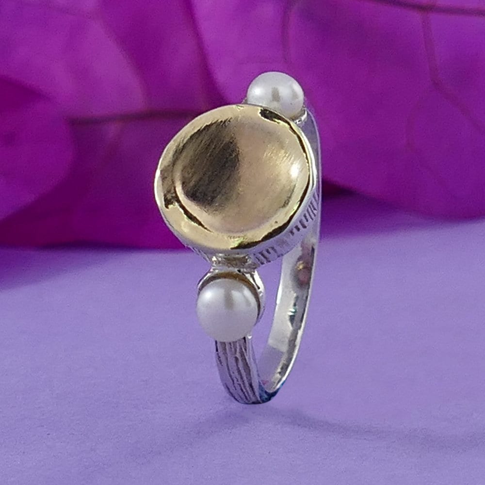 0.3 Carat Natural White Pearl Gemstone Two Tone Solid 9k Yellow Gold &amp; 925 Sterling Silver Solitaire with Accents RingSetting Gemstone ring