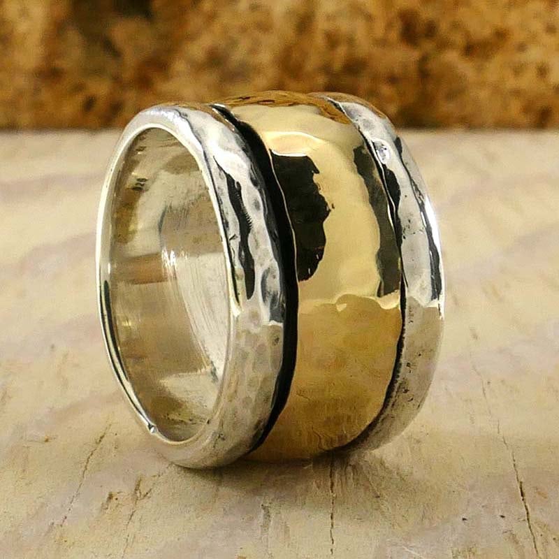 SPIRA Handcrafted Contemporary Design Two Tone Solid 9k Yellow Gold And 925 Sterling Silver Spinner Ring Weight gr.: 8.4 Width mm: 12 Metal Purity: 9k Thickness mm: 2