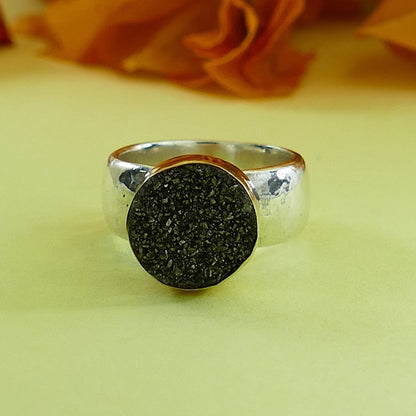 Druzy Mixed Metal Ring Two Tone Solid 9 karat Yellow Gold and 925 Sterling Silver Unique Agate Druzy Stone