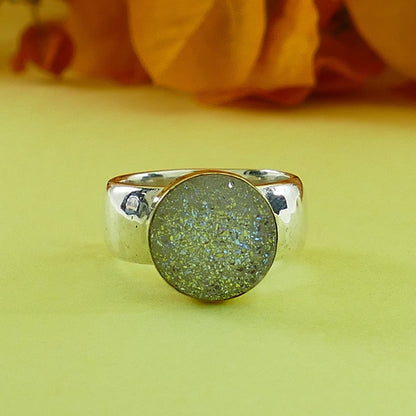 4.4 Carat White Agate Druzy Stone Two Tone Solid 9k Yellow Gold &amp; 925 Sterling Silver Solitaire Ring Setting Gemstone ring Mixed metal ring