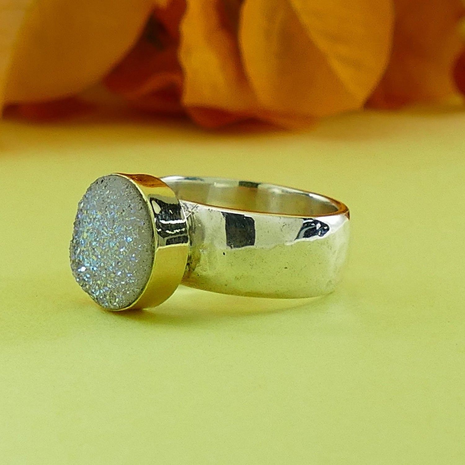 4.4 Carat White Agate Druzy Stone Two Tone Solid 9k Yellow Gold &amp; 925 Sterling Silver Solitaire Ring Setting Gemstone ring Mixed metal ring