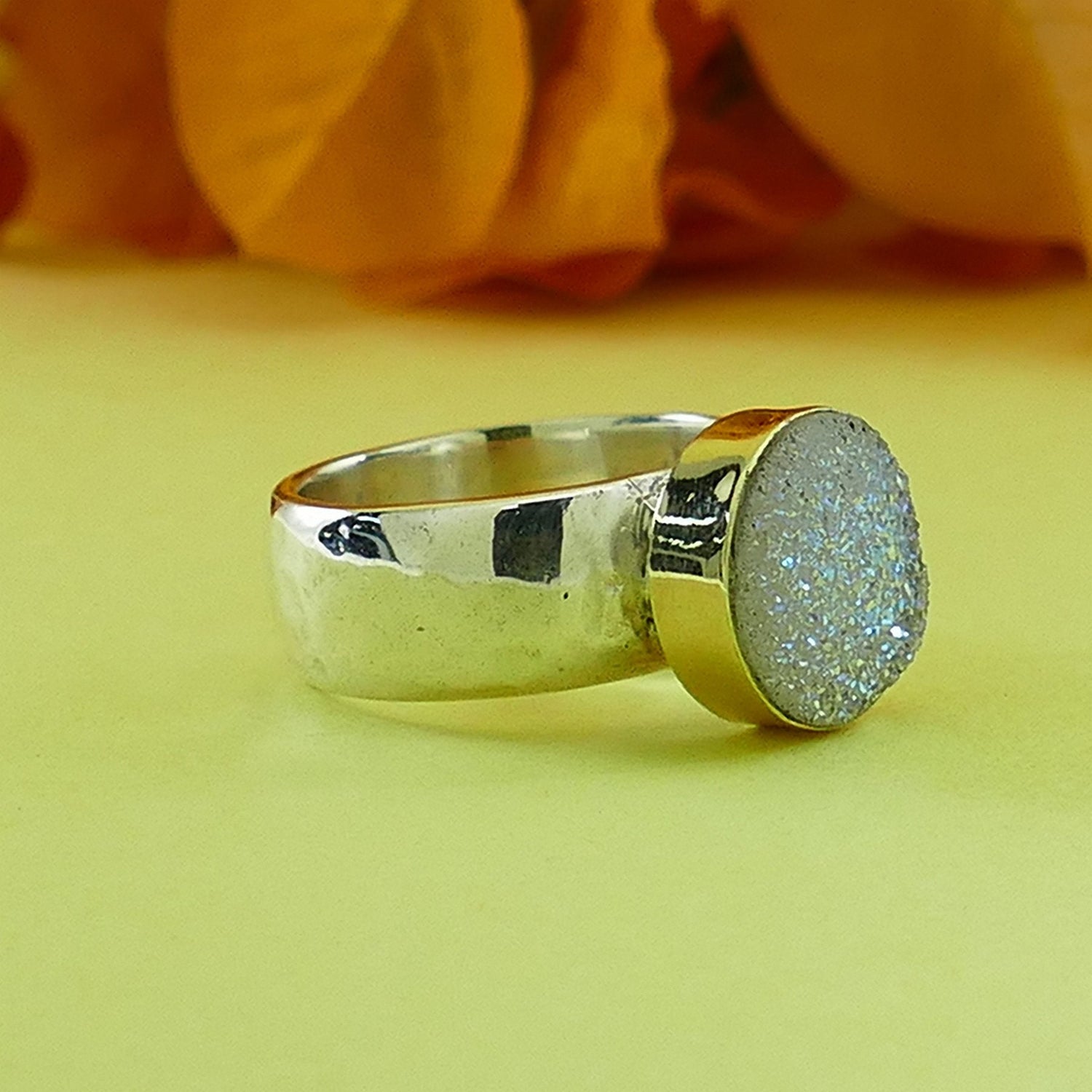 4.4 Carat White Agate Druzy Stone Two Tone Solid 9k Yellow Gold &amp; 925 Sterling Silver Solitaire Ring Setting Gemstone ring Mixed metal ring