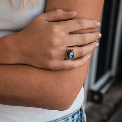 Labradorite Mixed Metal Ring 8.6 Carat Natural Green Labradorite Gemstone Two Tone Solid 9k Yellow Gold &amp; 925 Sterling Silver Solitaire Ring