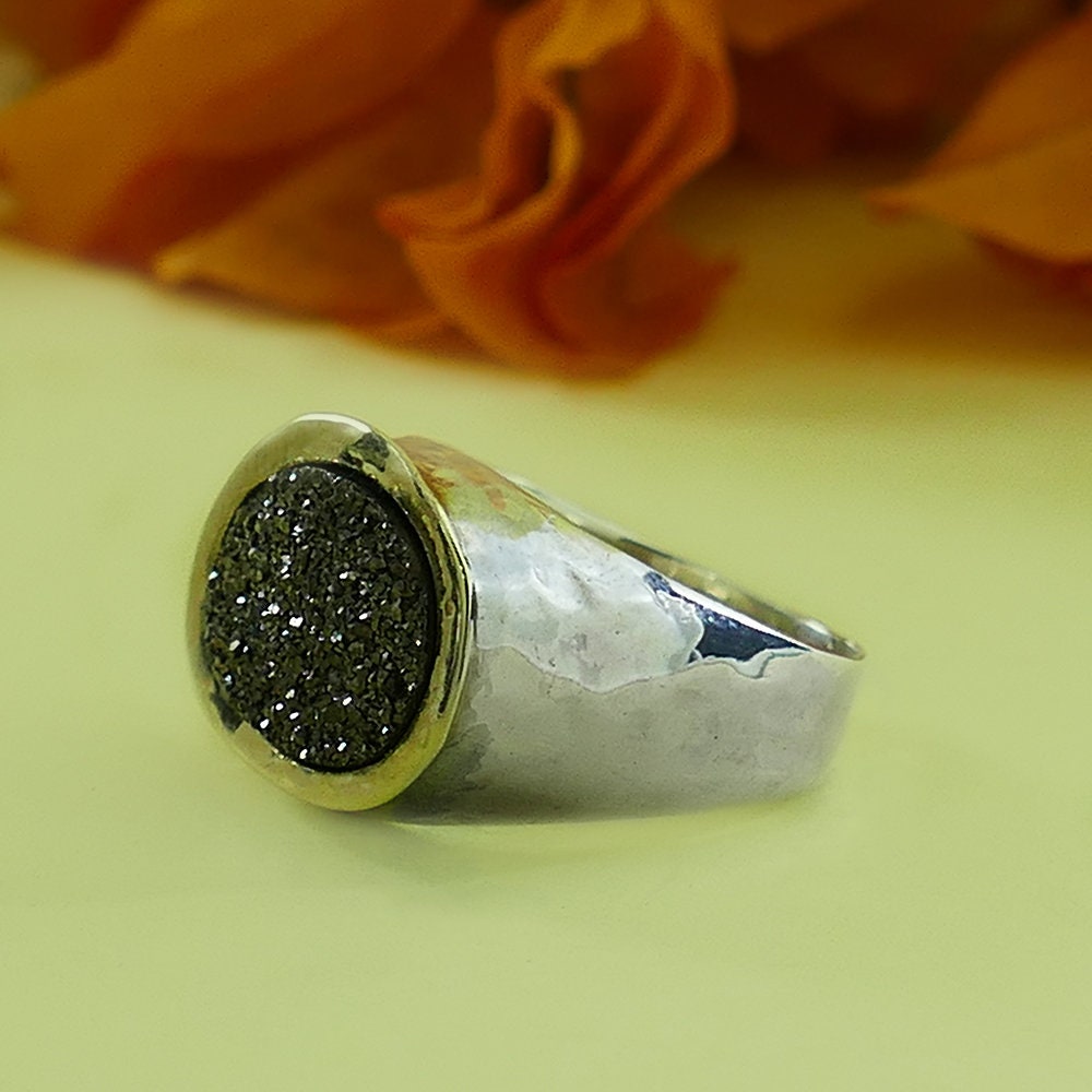 Gray Agate Druzy Statment Ring Mixed metal 925 Sterling Silver and Solid 9 karat Yellow Gold