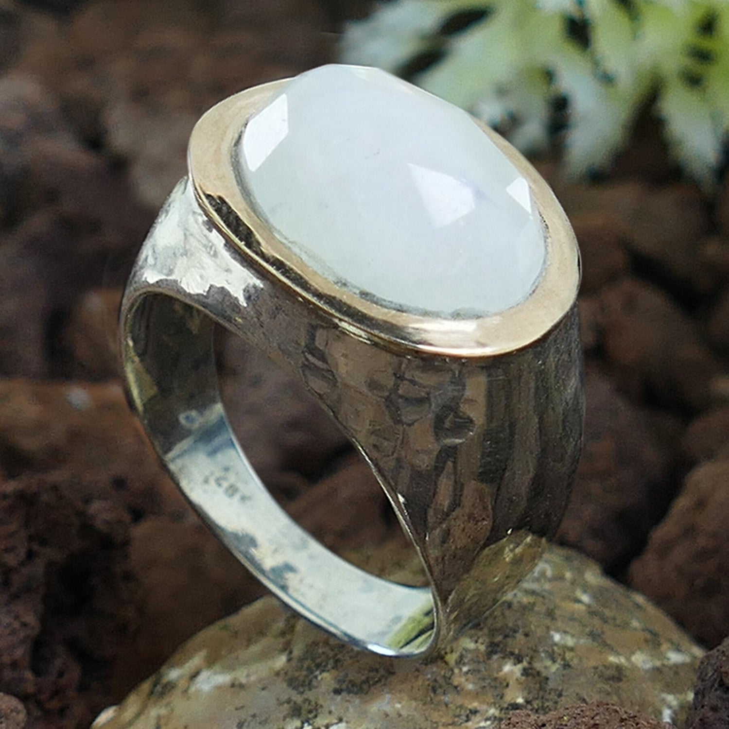 Moonstone Statment Ring Two Tone Solid 9 karat Rose Gold and 925 Sterling Silver