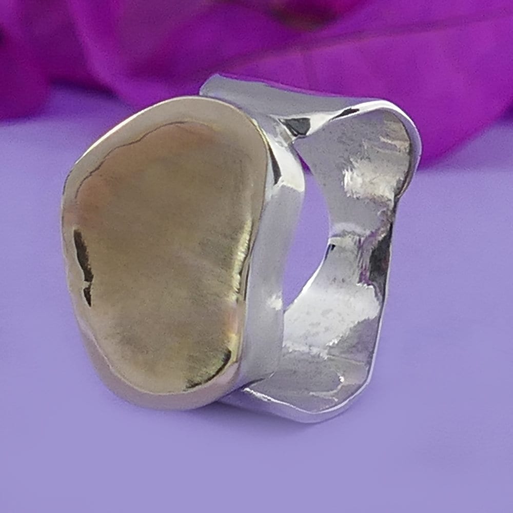 Unique Handmade Statement Ring Two Tone Solid 9 karat Yellow Gold And 925 Sterling Silver