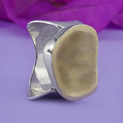 Unique Handmade Statement Ring Two Tone Solid 9 karat Yellow Gold And 925 Sterling Silver